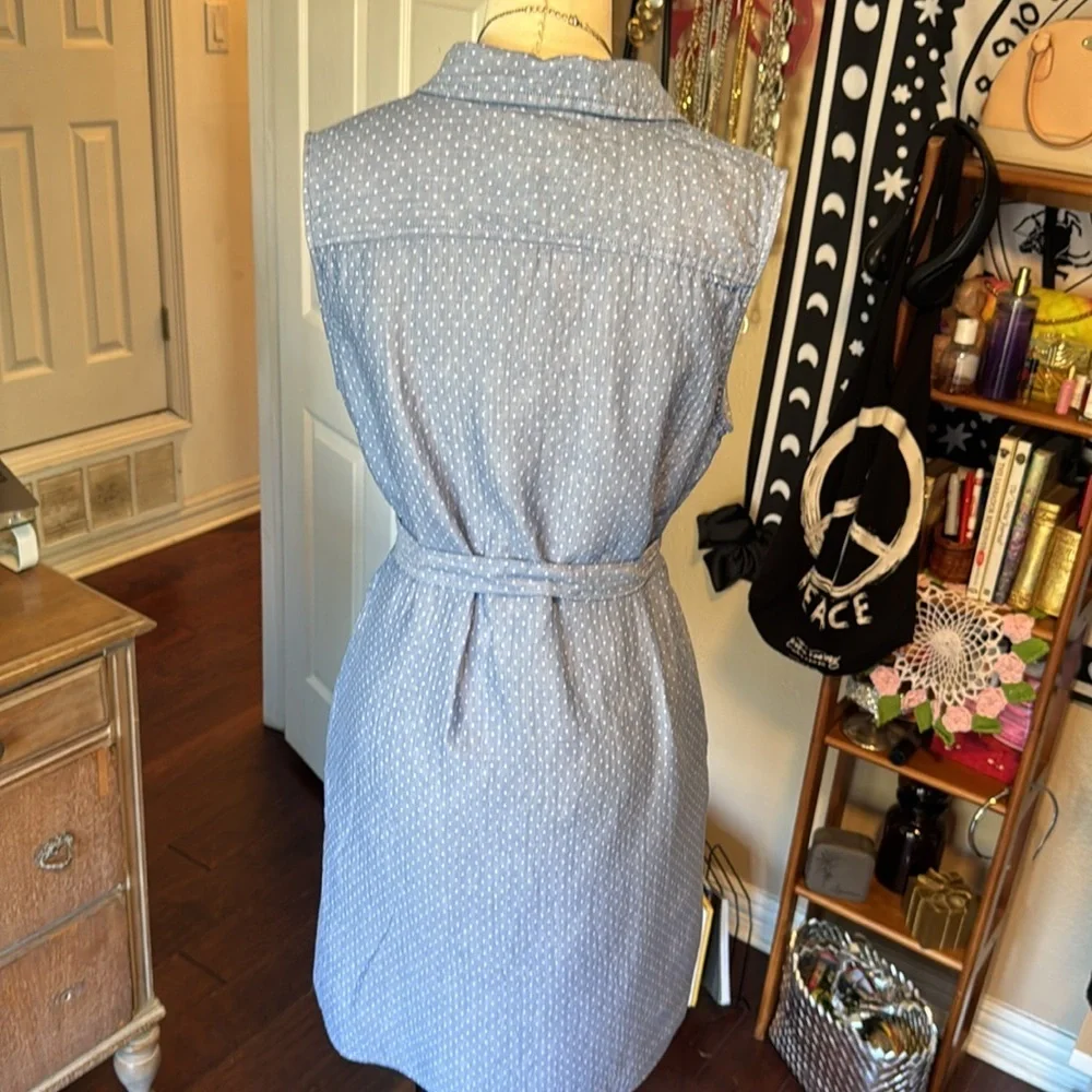 Tommy Hilfiger mini dress white polka dot/ blue collared belted half button sz10 - Picture 8 of 12